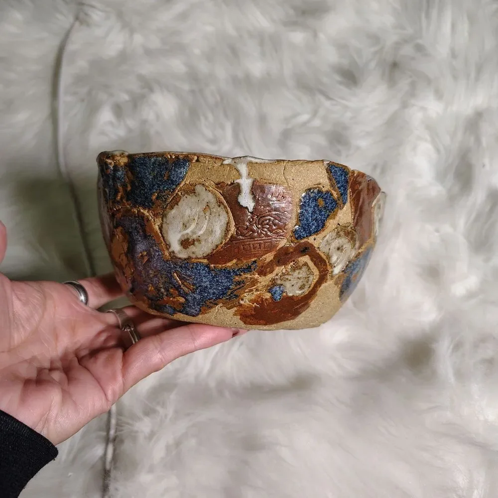 Handmade Studio Pottery Bowl  W Unique Floral Designs